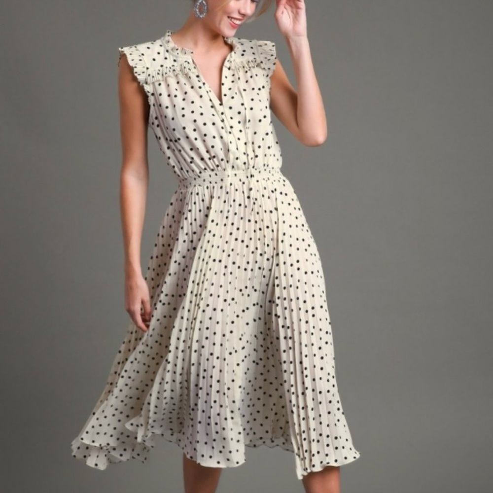 Umgee Cream Polka Dot Pleated Midi Dress